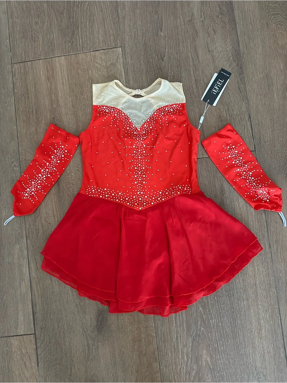IEFIEL Red Rhinestone-Trim Girls' Dance Dress with Mesh Accent.